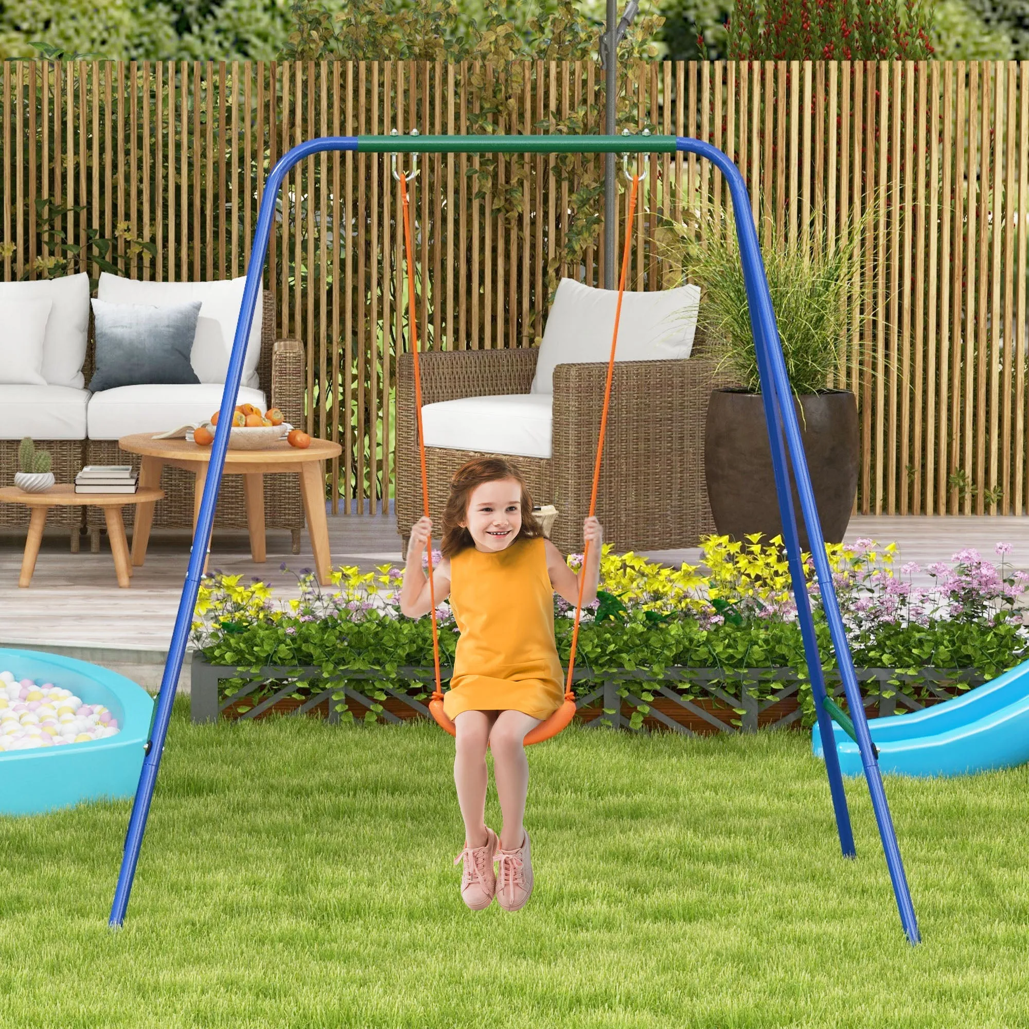 2 In 1 Metal Frame Nursery Swing w/ Comfortable Seat Safety Belt Orange