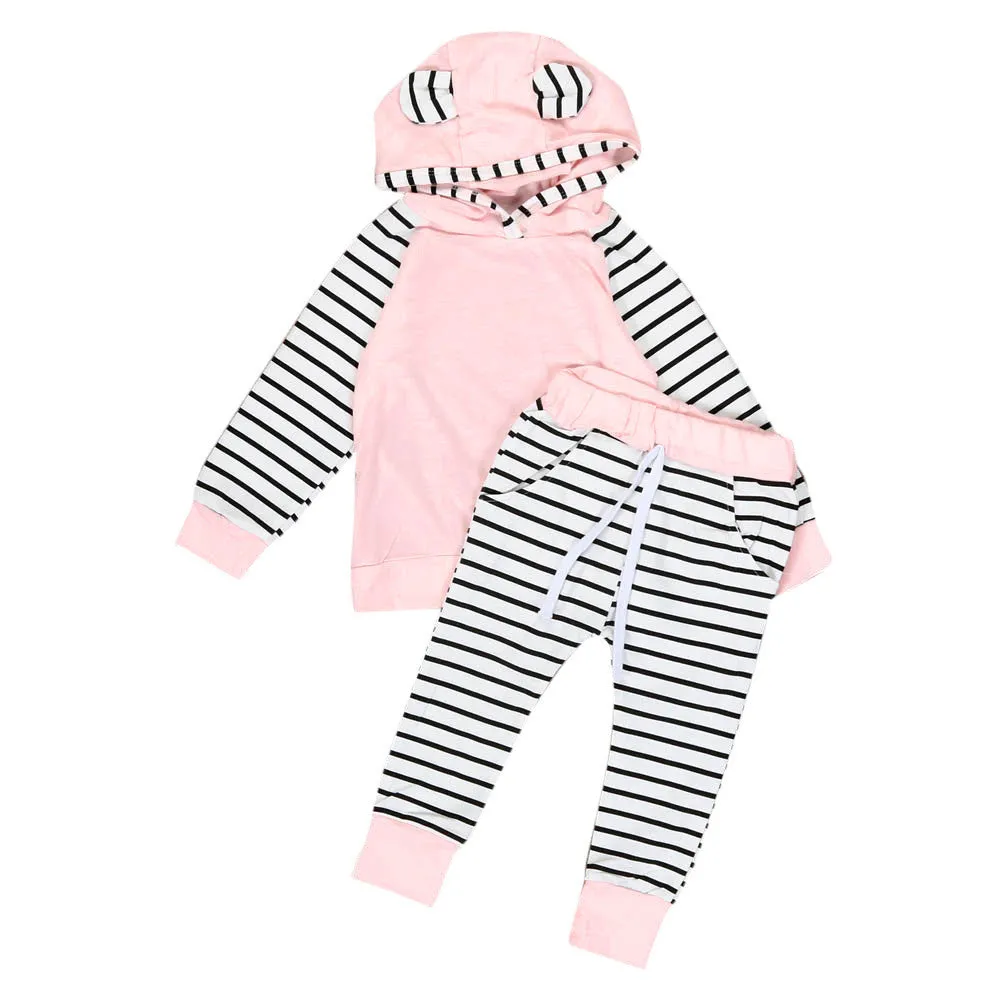 2Pcs/Set Adorable Autumn Newborn Baby Girls boys clothes set Hooded Infant Warm Jacket   Striped Pants 2PCS baby Clothes suit