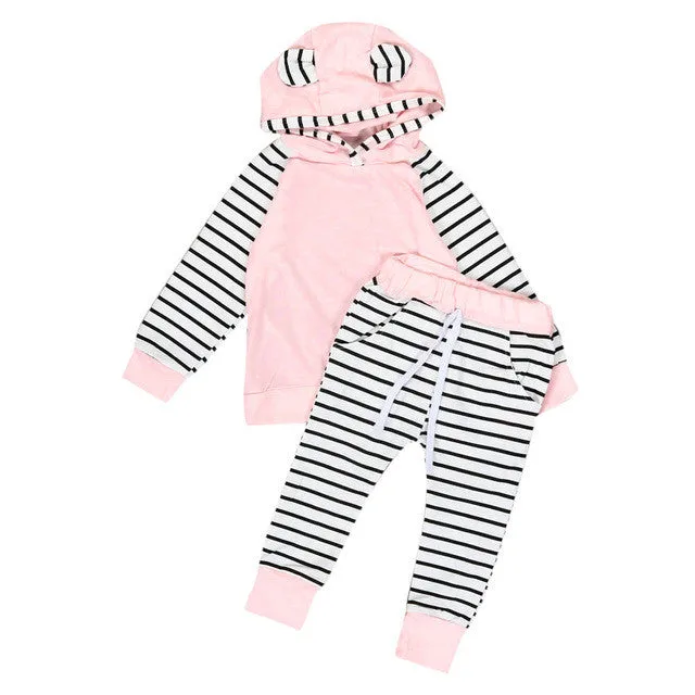 2Pcs/Set Adorable Autumn Newborn Baby Girls boys clothes set Hooded Infant Warm Jacket   Striped Pants 2PCS baby Clothes suit