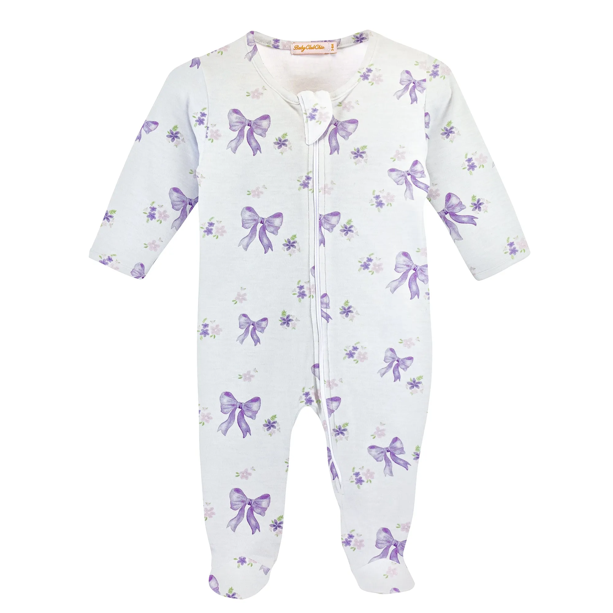 Baby Club Chic - Lavender Bows Zip Footie