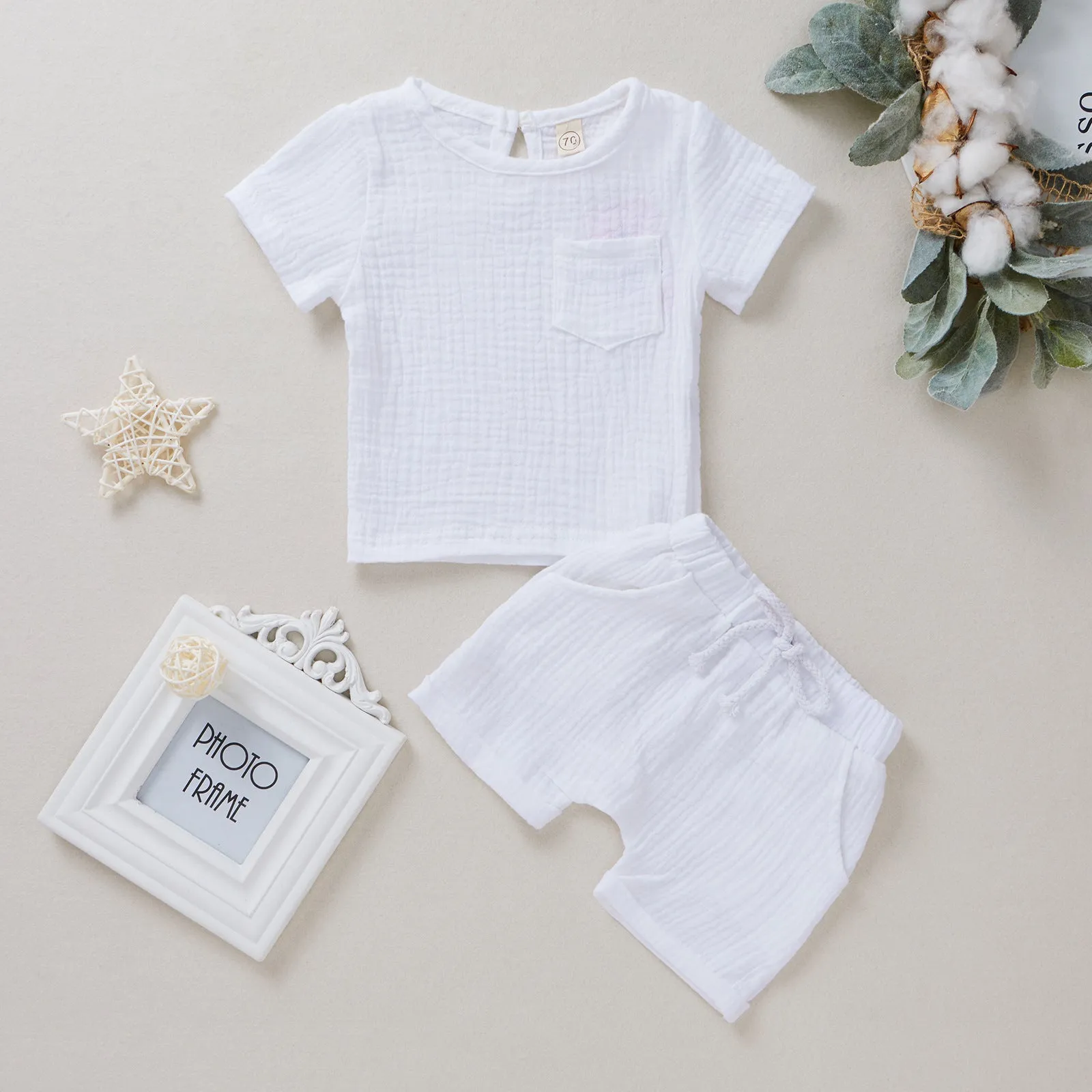 Baby Cotton Double Wrinkle Short Sleeve Shorts Two Piece Set