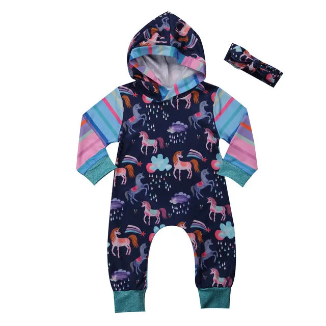 Baby Girl Unicorn Long Sleeve Romper Headband Set