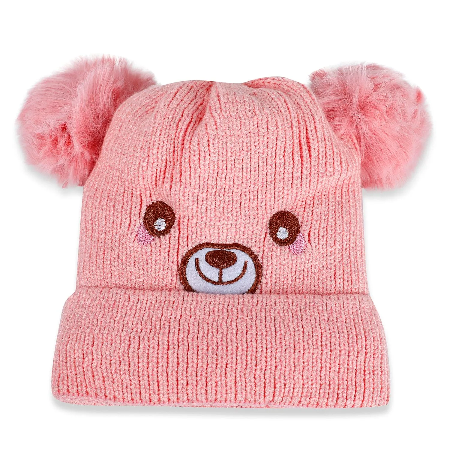Baby Moo Bear Pom Pom Breathable Beanie Warm Knitted Woollen Cap - Pink