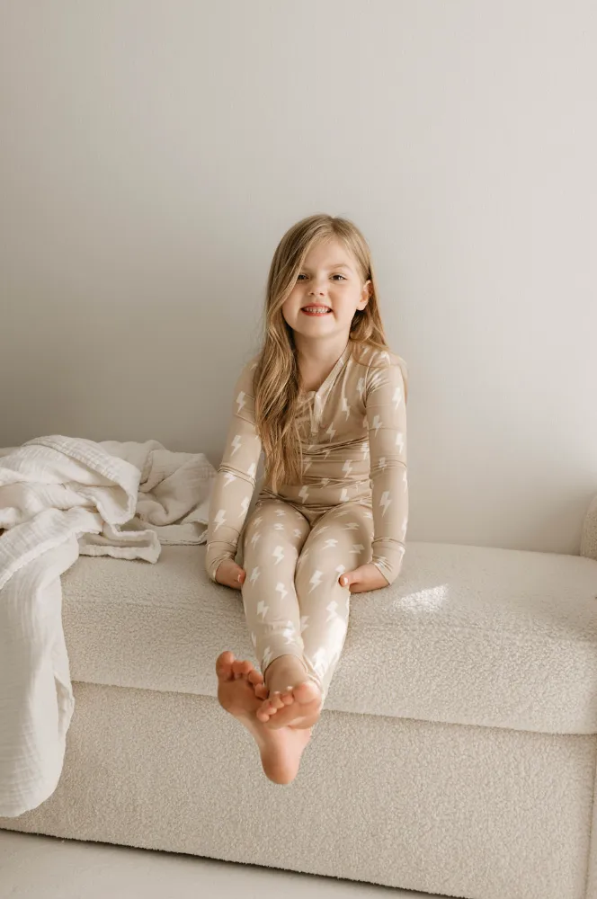 Bamboo Two Piece Pajama | Tan & Cream Lightning Bolt