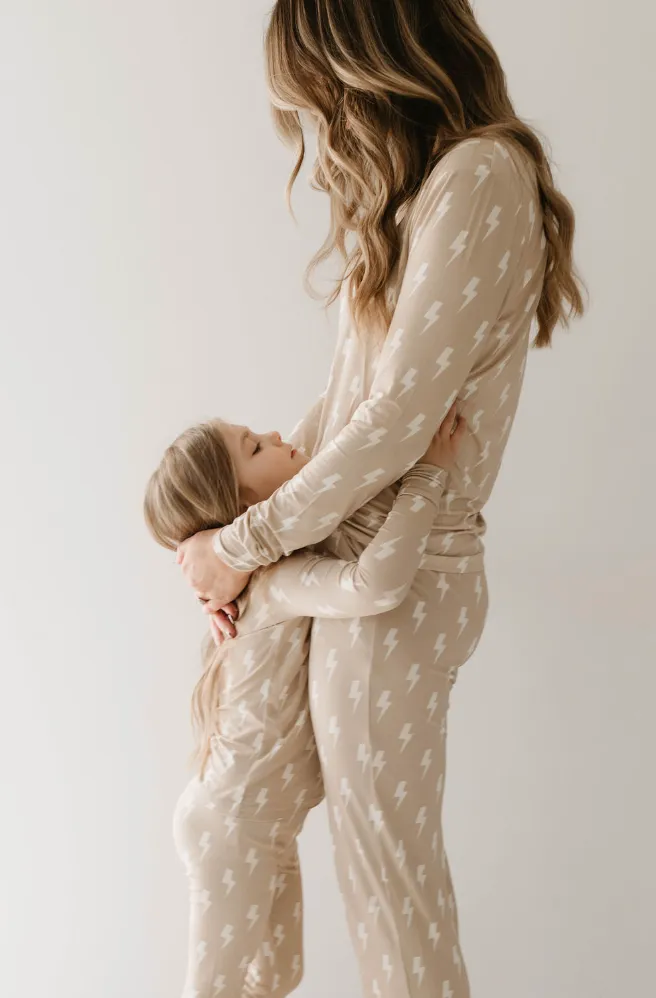 Bamboo Two Piece Pajama | Tan & Cream Lightning Bolt