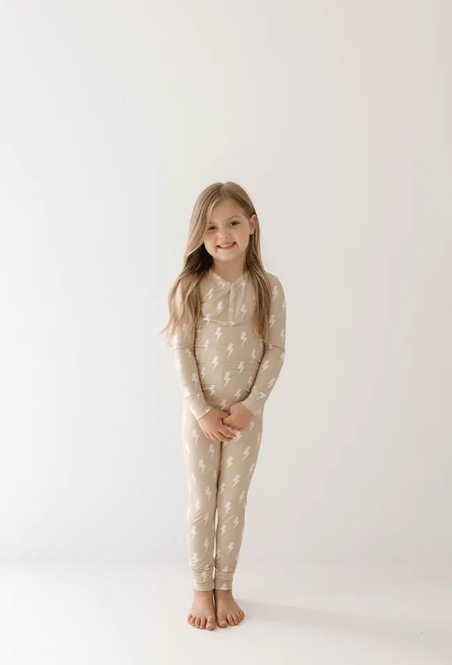 Bamboo Two Piece Pajama | Tan & Cream Lightning Bolt