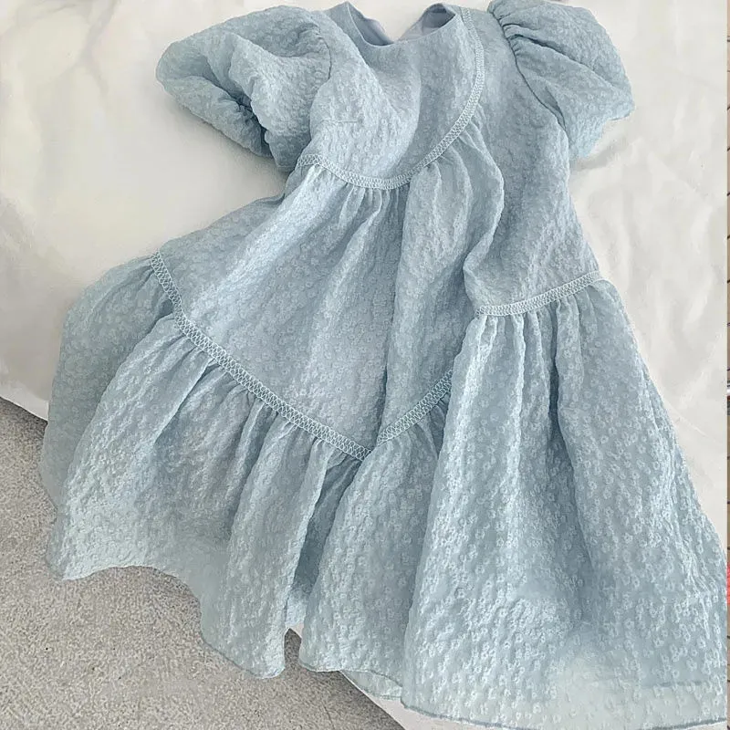 deanwangkt Girls Casual Dresses Soft Comfortable New Pattern Korean Light Bule girl clothes  kids dresses for girls