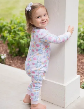 James & Lottie Girls Pink Vintage Floral Pajamas - Zip Up