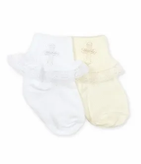 Jefferies Christening Cross Socks for Baby Girls - White or Ivory - with Lace