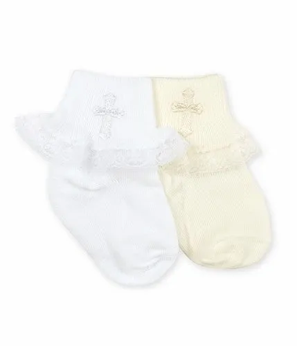 Jefferies Christening Cross Socks for Baby Girls - White or Ivory - with Lace