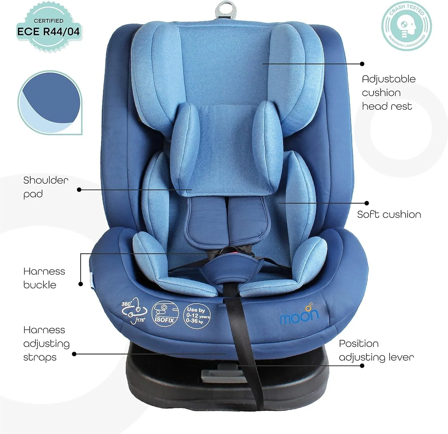 MOON Rover Car Seat – Baby Travel Gear Group 0-1-2-3 – 360 Degree Baby Carrier Car Seat w/Isofix – 0-12yr Baby Safety Products – Rear & Forward Convertible Car Accessories - Blue