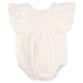 Organic Cotton Luna Schiffli Floral Eyelet Ruffle Sleeve Big Bow Baby Girl Romper