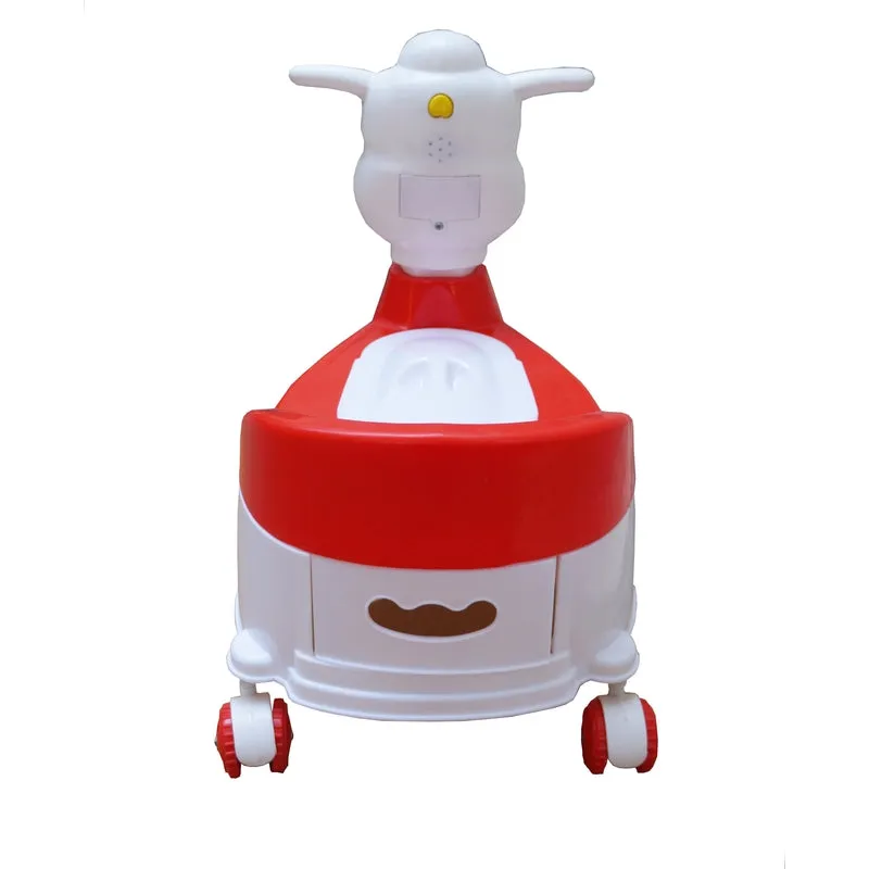 Red Musical Cow Scooter Shape Potty Training seat with Easy Grip Handles, Wheels, Non-toxic Material Comfortable backseat
