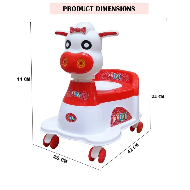 Red Musical Cow Scooter Shape Potty Training seat with Easy Grip Handles, Wheels, Non-toxic Material Comfortable backseat