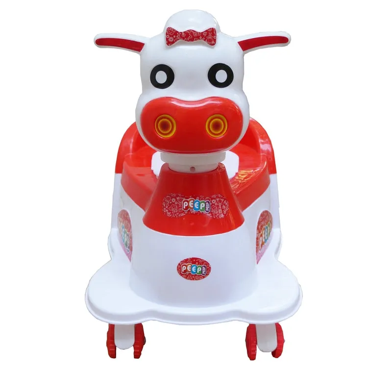 Red Musical Cow Scooter Shape Potty Training seat with Easy Grip Handles, Wheels, Non-toxic Material Comfortable backseat