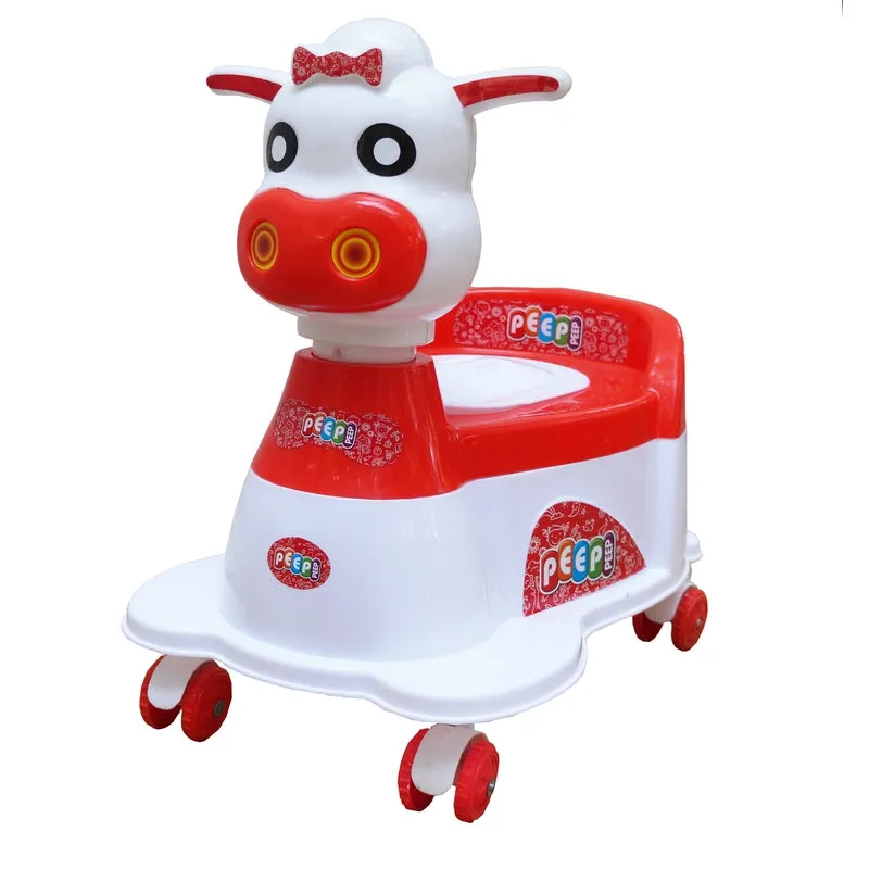 Red Musical Cow Scooter Shape Potty Training seat with Easy Grip Handles, Wheels, Non-toxic Material Comfortable backseat