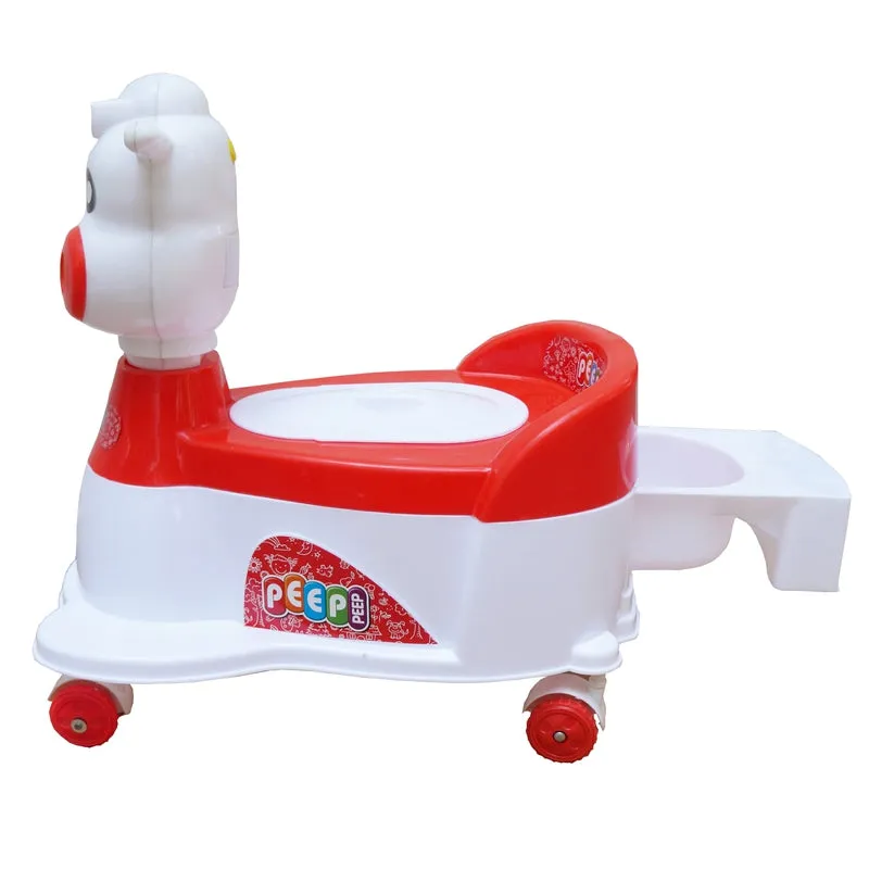 Red Musical Cow Scooter Shape Potty Training seat with Easy Grip Handles, Wheels, Non-toxic Material Comfortable backseat