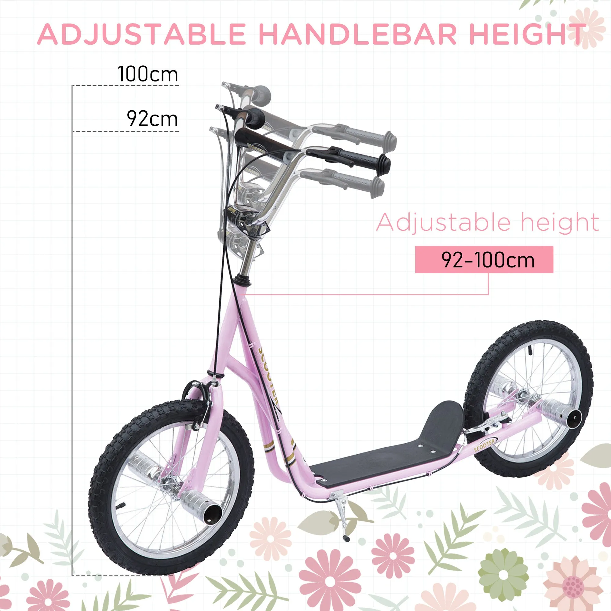 Teen Scooter Children Stunt Scooter W/ 16" Tyres Adjustable Height, Pink
